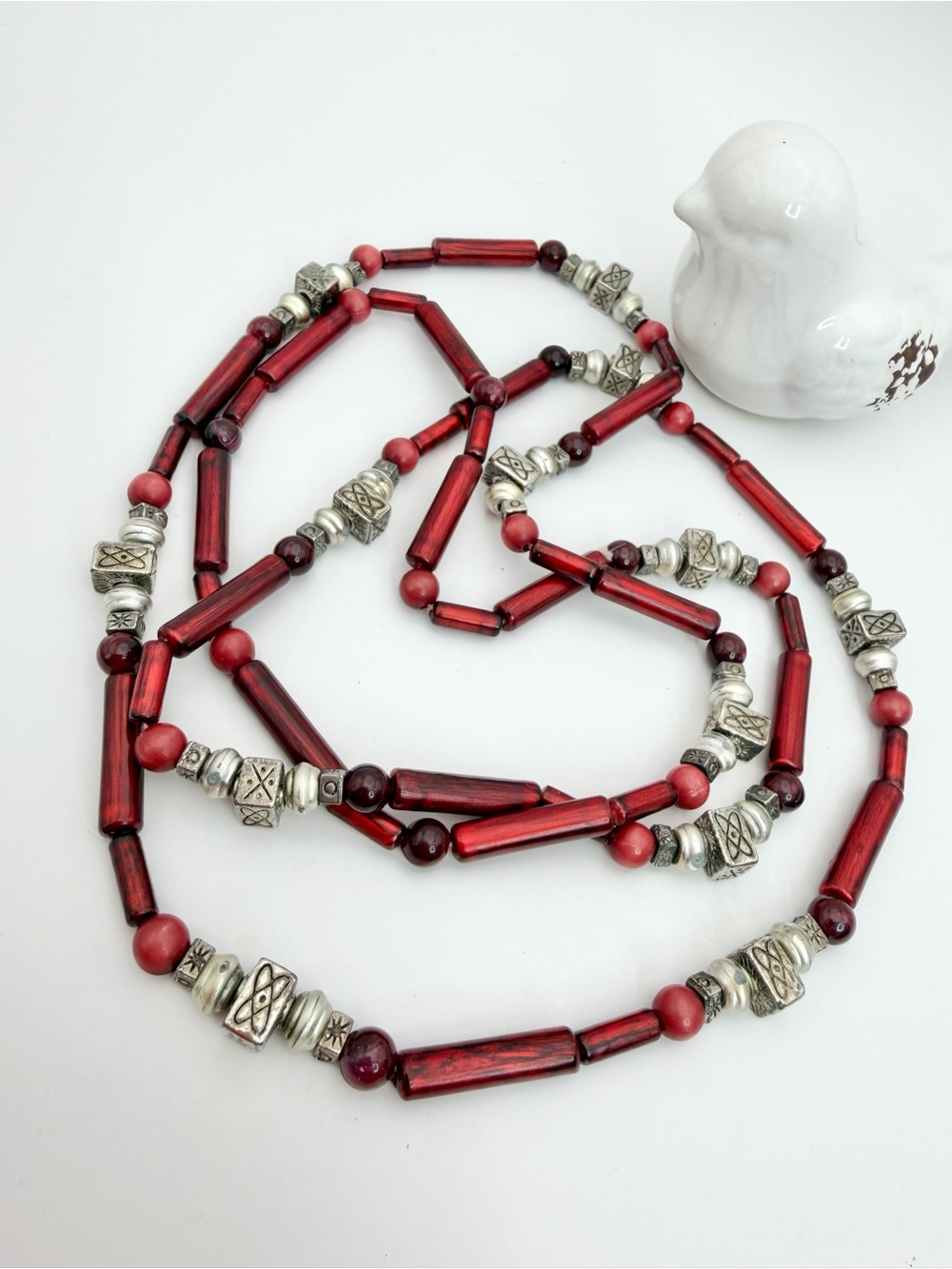 Red Beaded Silver-Tone Accent Necklace - Women Jewelry